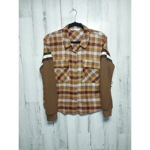 SO Flannel Knit COMBO Crop Top RETRO STYLE Brown PLAID Flap Pocket Womens Medium